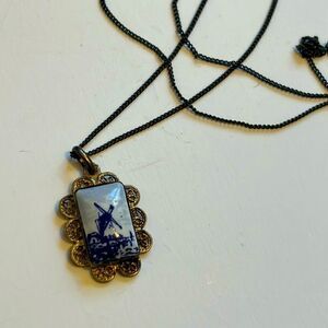 Vintage Delft White and Blue Windmill Pendant with Chain